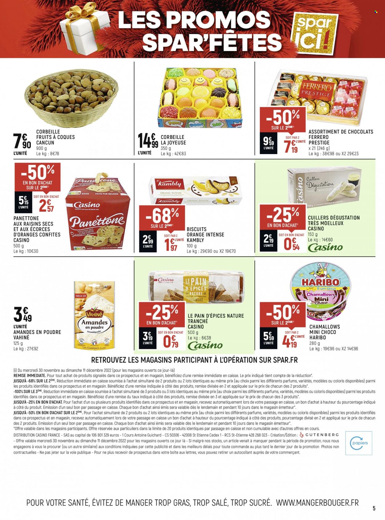 thumbnail - Catalogue Spar Supermarché - 30/11/2022 - 11/12/2022 - Produits soldés - pain d’épices, panettone, Ferrero Rocher, biscuits, Mon Chéri, Raffaello, amandes en poudre, corbeille. Page 5.