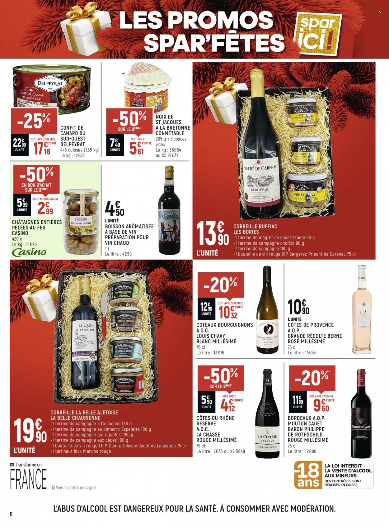 thumbnail - Catalogue Spar Supermarché - 30/11/2022 - 11/12/2022 - Produits soldés - châtaigne, confit de canard, chorizo, terrine, roquefort, Bordeaux, Côtes du Rhône, vin chaud, corbeille. Page 6.
