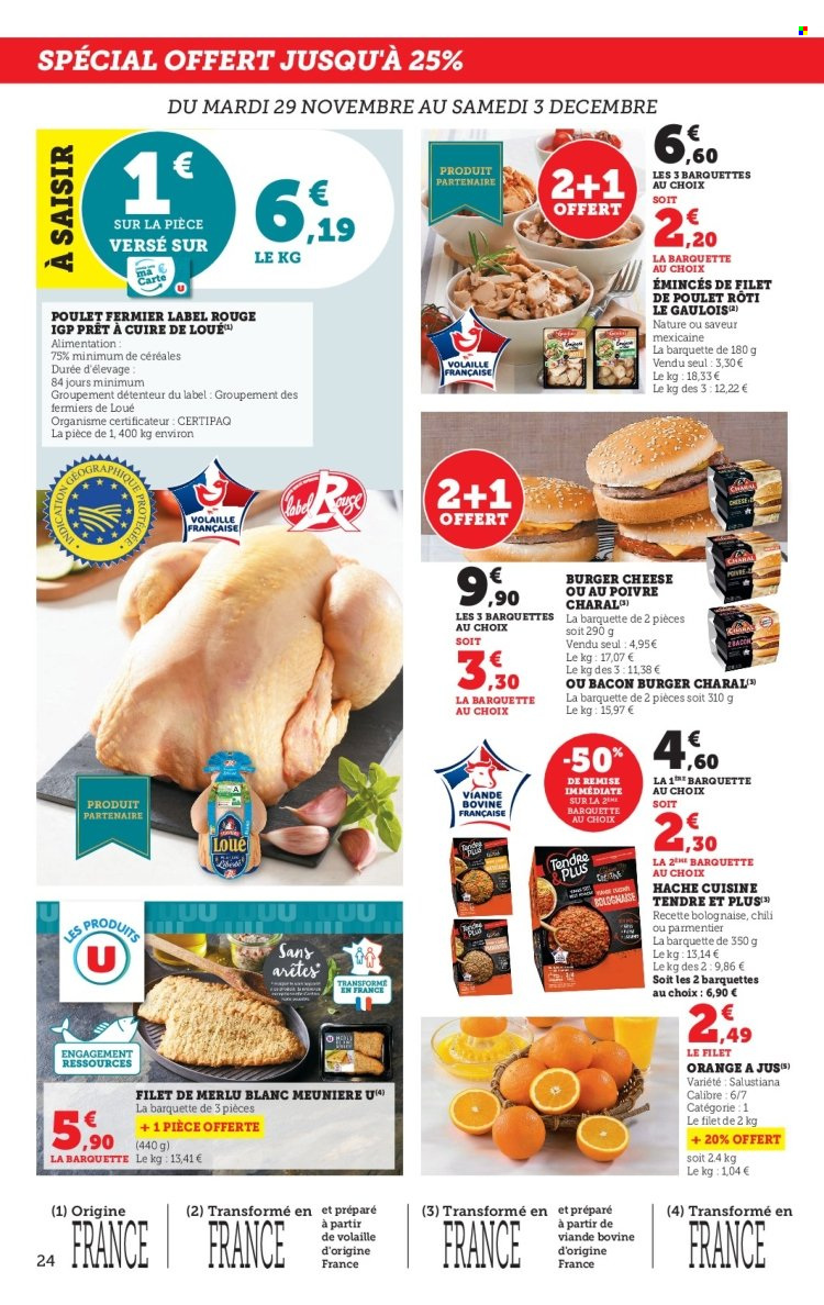 thumbnail - Catalogue SUPER U - 29/11/2022 - 10/12/2022 - Produits soldés - filet de poulet, viande de poulet, merlu, poulet rôti, bacon. Page 24.
