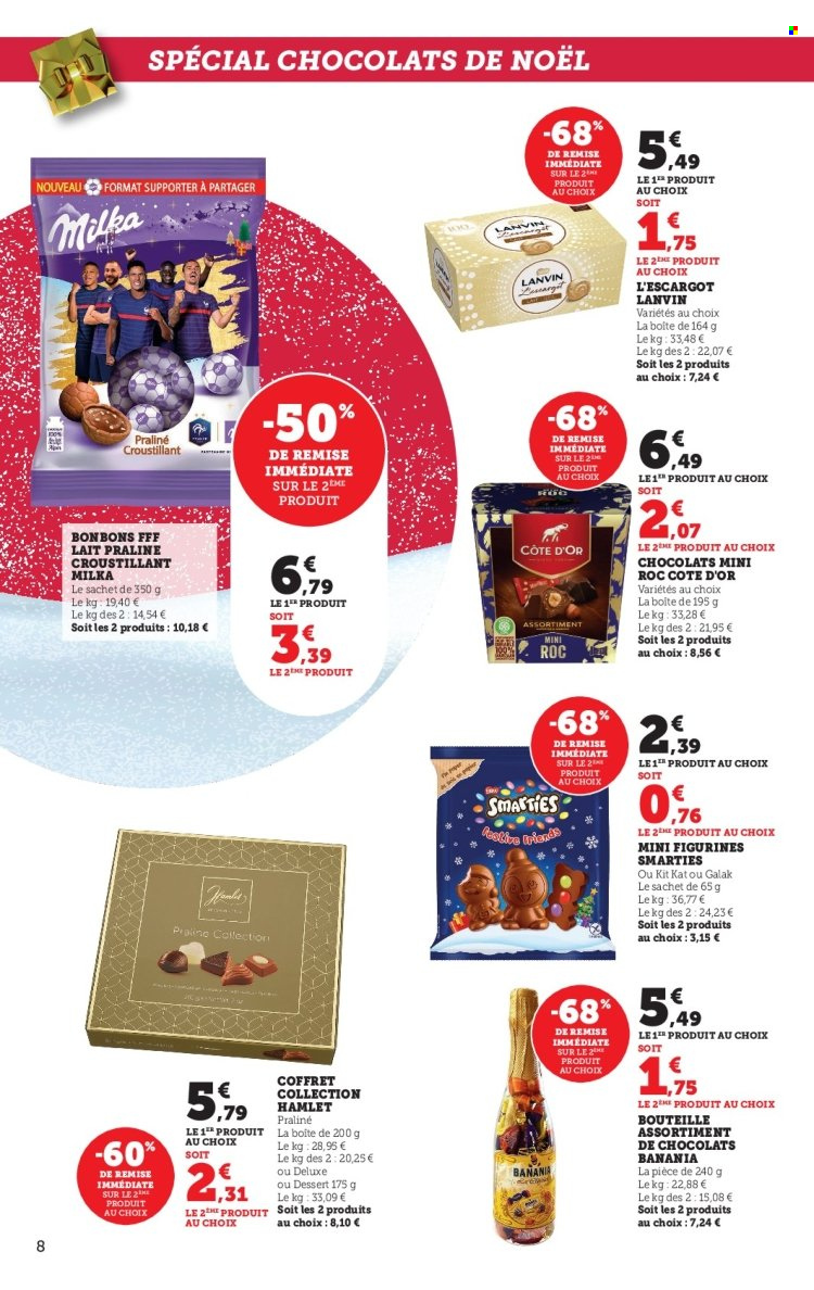 thumbnail - Catalogue HYPER U - 29/11/2022 - 10/12/2022 - Produits soldés - escargots, dessert, Milka, galak, chocolat, bonbons, Smarties, Lanvin, figurine, chocolats de Noël, pralinés, Côte d'Or, KitKat, Banania, coffret. Page 8.