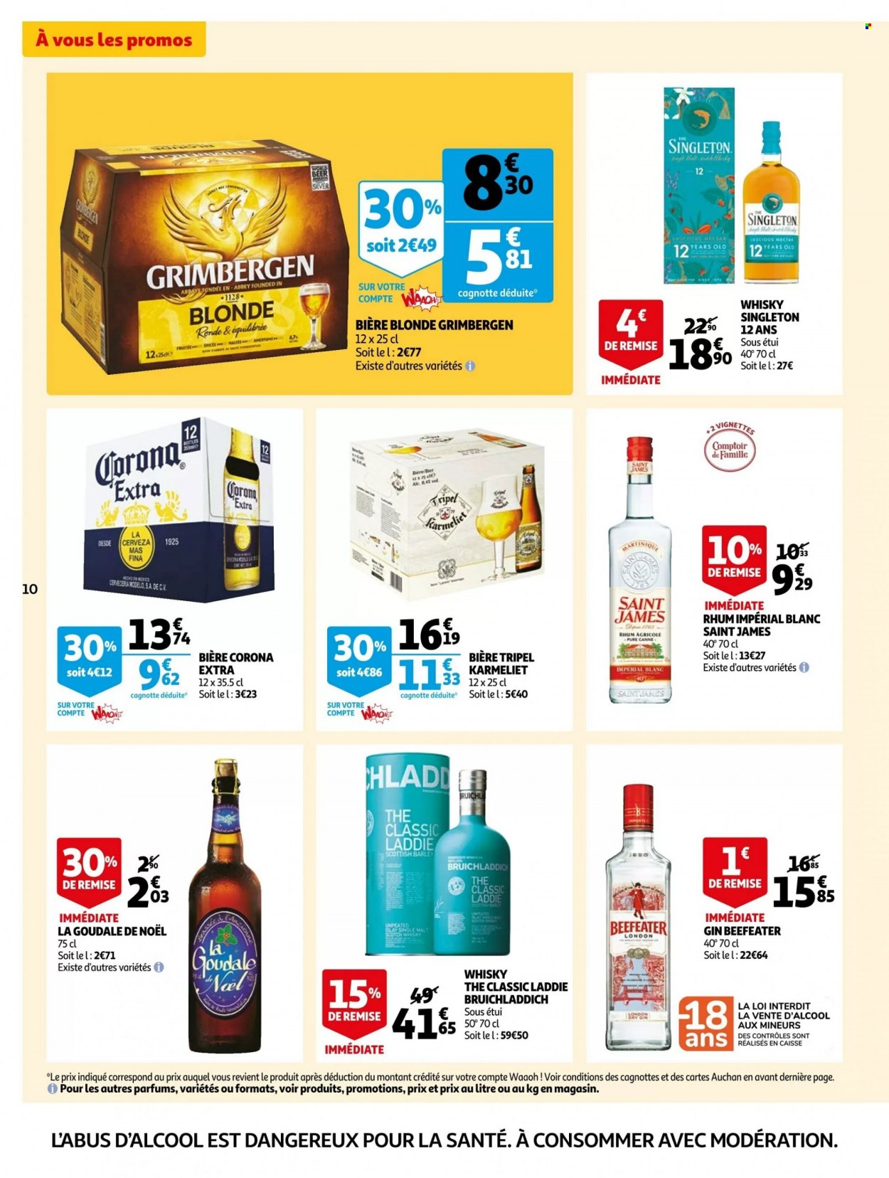 thumbnail - Catalogue Auchan - 30/11/2022 - 06/12/2022 - Produits soldés - bière, bière blonde, Grimbergen, Corona Extra, Goudale, gin, whisky, rhum. Page 10.
