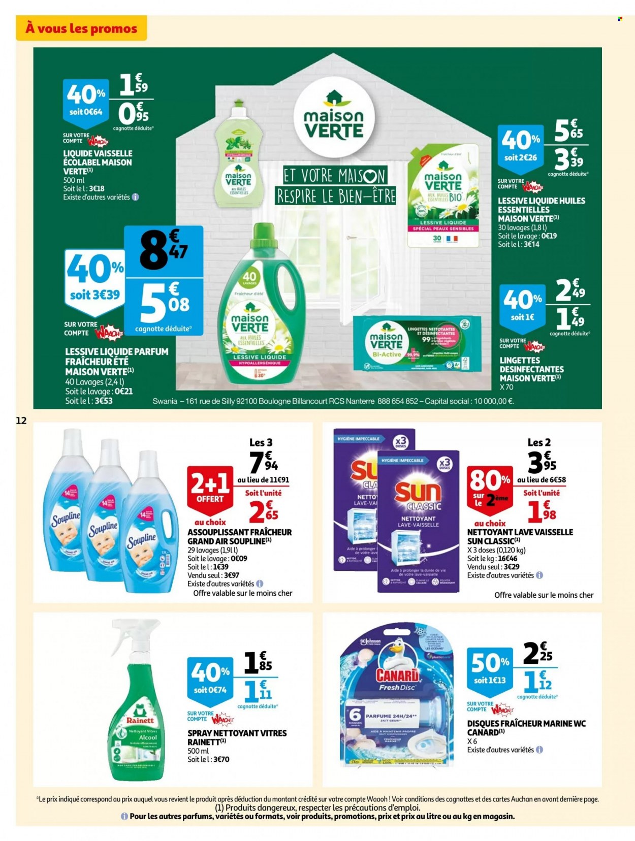 thumbnail - Catalogue Auchan - 30/11/2022 - 06/12/2022 - Produits soldés - alcool, lingettes, lingettes antiseptiques, nettoyant universel, wc disc, assouplissant, lessive, Soupline, liquide vaisselle, maison. Page 12.