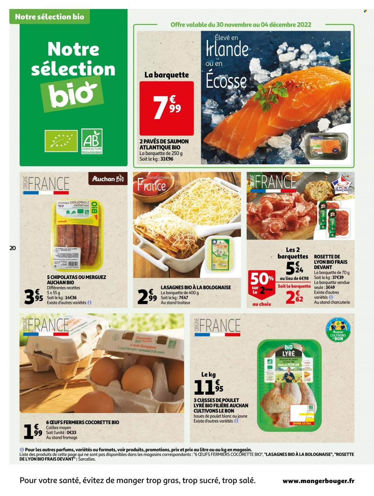 thumbnail - Catalogue Auchan - 30/11/2022 - 06/12/2022 - Produits soldés - cuisses de poulet, viande de poulet, pavés de saumon, lasagnes, rosette, rosette de Lyon, merguez, chipolata, fromage, œufs. Page 20.