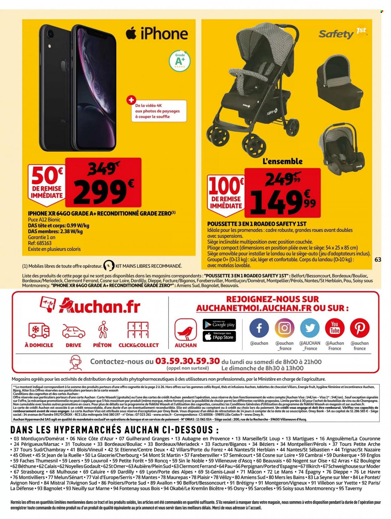 thumbnail - Catalogue Auchan - 30/11/2022 - 06/12/2022 - Produits soldés - Bjorg, chocolat, Bordeaux, vin rouge, vin, iPhone, iPhone XR, matelas, poussette. Page 63.