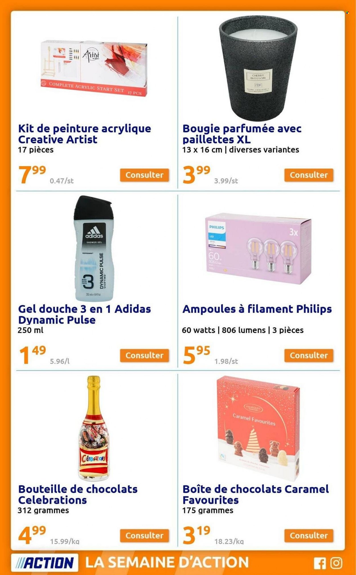thumbnail - Catalogue Action - 30/11/2022 - 06/12/2022 - Produits soldés - Adidas, peinture acrylique, Philips, chocolat, Celebrations, gel douche, bougie. Page 17.