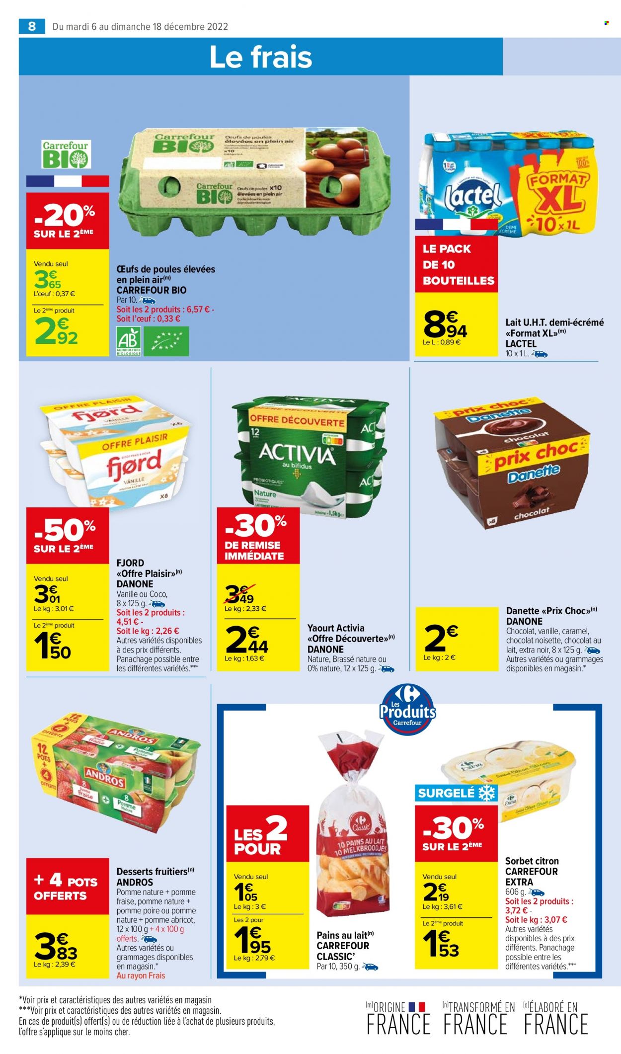 thumbnail - Catalogue Carrefour Market - 06/12/2022 - 18/12/2022 - Produits soldés - pain au lait, Activia, yaourt, Danette, Danone, Lactel, ANDROS, œufs, sorbet, chocolat, chocolat au lait. Page 10.