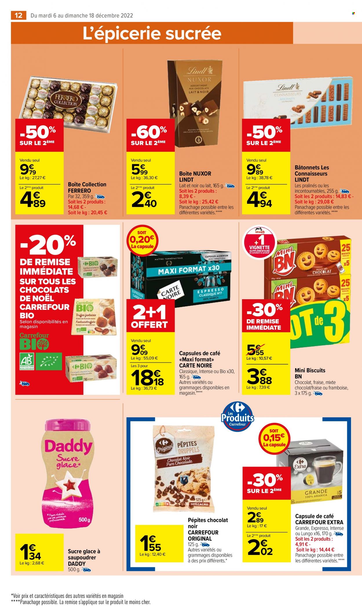 thumbnail - Catalogue Carrefour Market - 06/12/2022 - 18/12/2022 - Produits soldés - Ferrero Rocher, chocolat, biscuits, chocolats de Noël, chocolat noir, pralinés, Lindt, sucre, sucre glace, Expresso, café capsules, Carte Noire. Page 14.