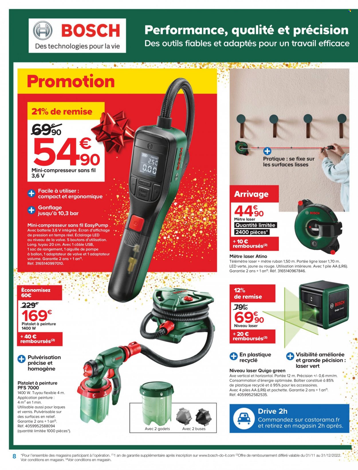 thumbnail - Catalogue Castorama - 30/11/2022 - 12/12/2022 - Produits soldés - Bosch, sac de rangement, ballon, pistolet à peinture, compresseur, télémètre laser. Page 8.