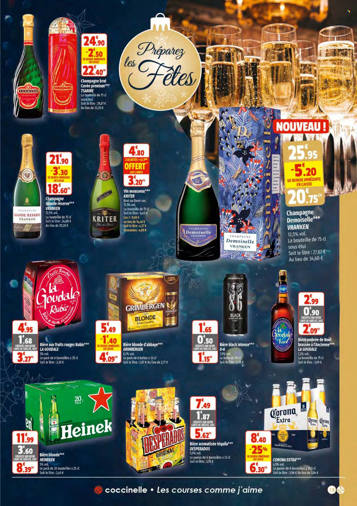 thumbnail - Catalogue Coccinelle Supermarché - 30/11/2022 - 11/12/2022 - Produits soldés - bière, bière blonde, alcool, Grimbergen, Corona Extra, Heineken, Goudale, vin. Page 15.