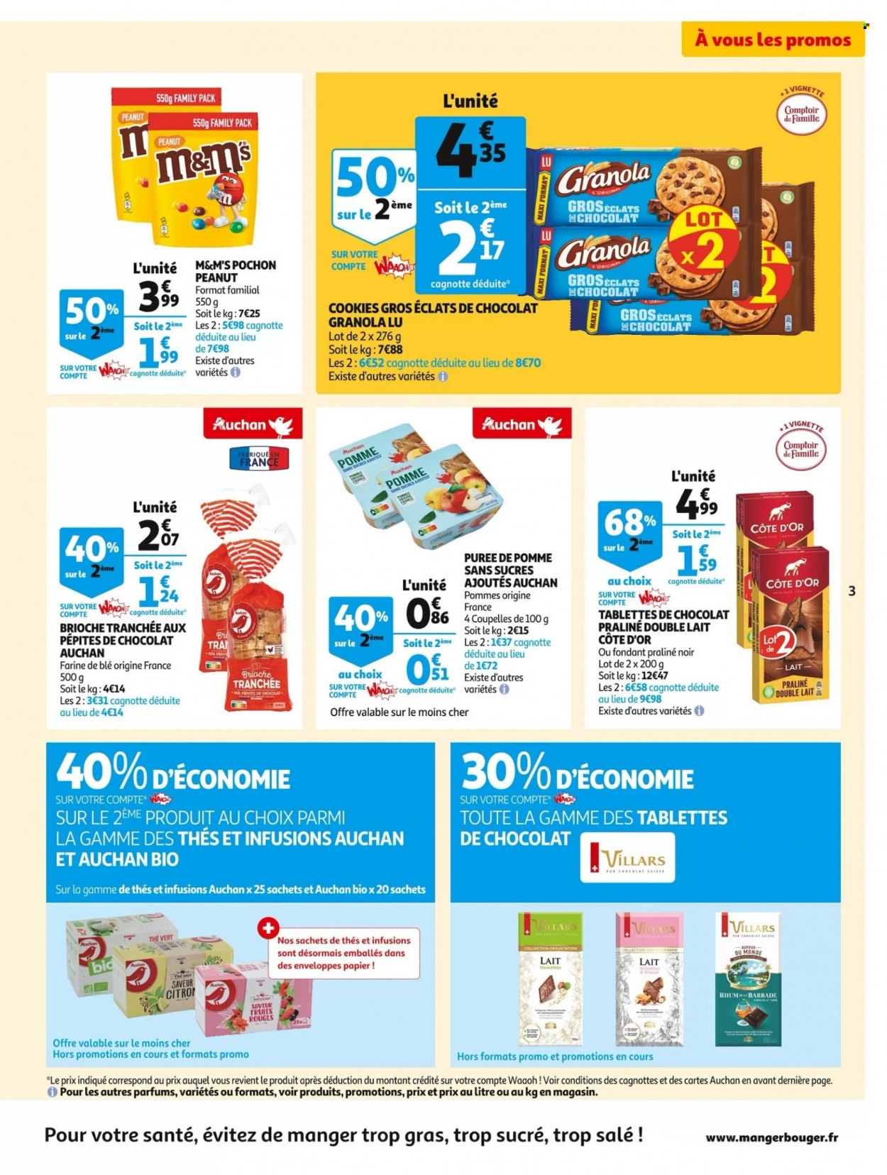 thumbnail - Catalogue Auchan - 30/11/2022 - 06/12/2022 - Produits soldés - alcool, brioche, granola, M&M's, pralinés, cookies, Côte d'Or, LU, thé vert, rhum, coupelle. Page 3.