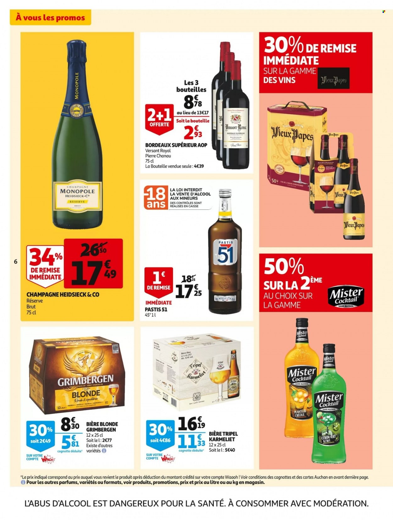 thumbnail - Catalogue Auchan - 30/11/2022 - 06/12/2022 - Produits soldés - bière, bière blonde, Grimbergen, Bordeaux, champagne, vin rouge, pastis. Page 6.