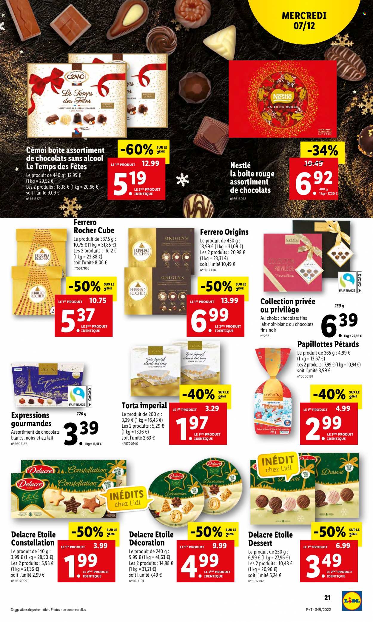 thumbnail - Catalogue Lidl - 07/12/2022 - 13/12/2022 - Produits soldés - dessert, Nestlé, Ferrero Rocher, chocolat, pralinés, expressions gourmandes, Delacre. Page 23.