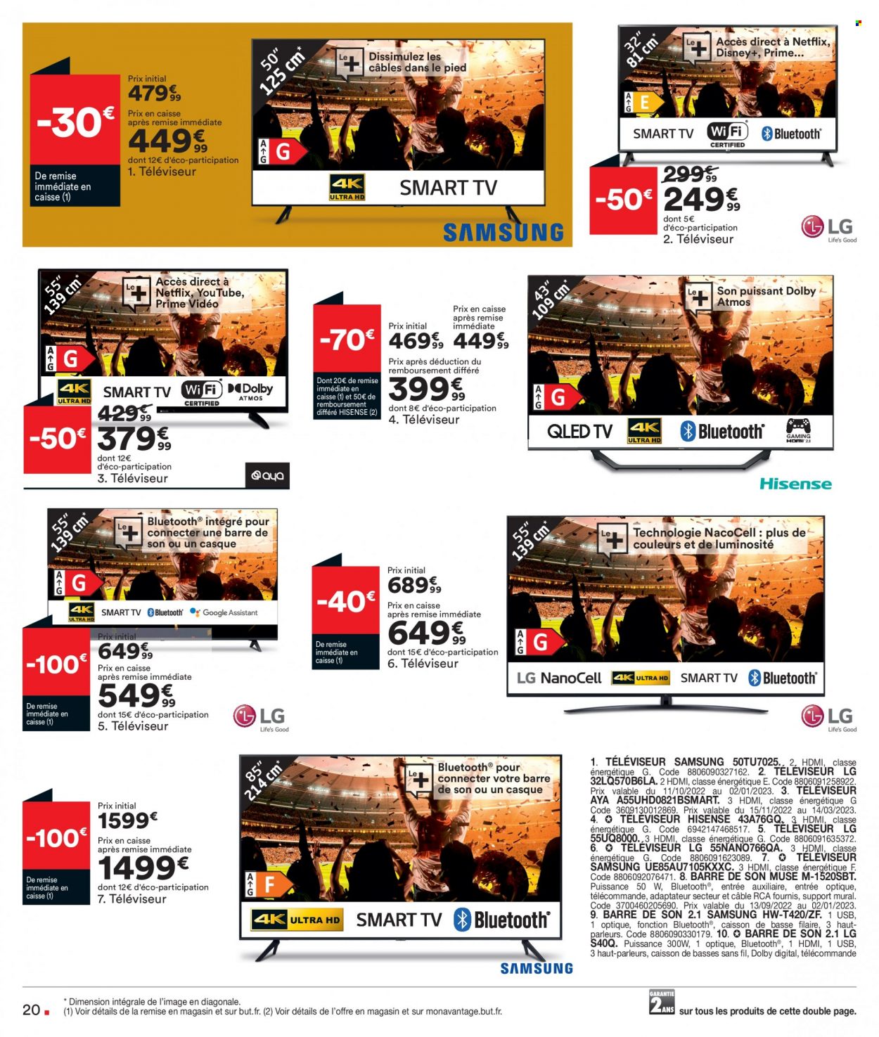 thumbnail - Catalogue BUT - 15/11/2022 - 02/01/2023 - Produits soldés - Aya, Samsung, LG, Hisense, téléviseur, barre de son. Page 20.