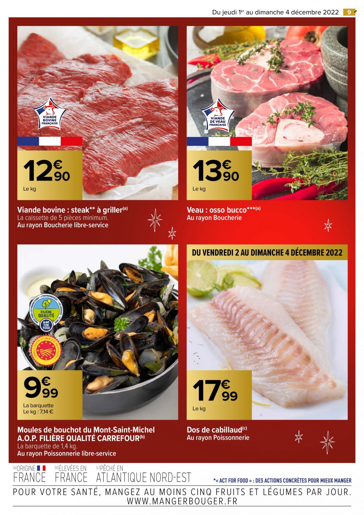 thumbnail - Catalogue Carrefour Hypermarchés - 01/12/2022 - 04/12/2022 - Produits soldés - steak, viande de veau, cabillaud, moules. Page 9.