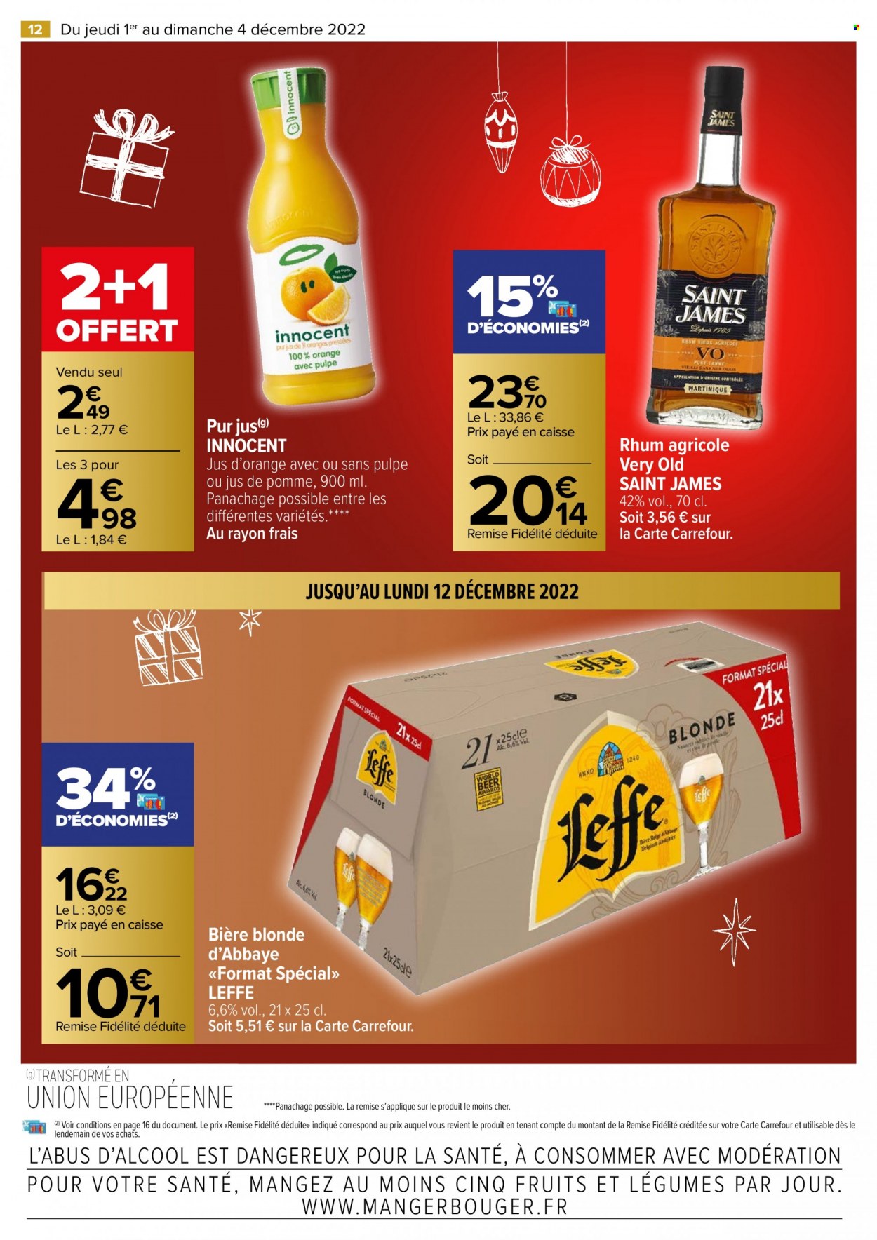 thumbnail - Catalogue Carrefour Hypermarchés - 01/12/2022 - 04/12/2022 - Produits soldés - Leffe, bière, bière blonde, jus d'orange, pur jus, jus de pomme, rhum. Page 12.