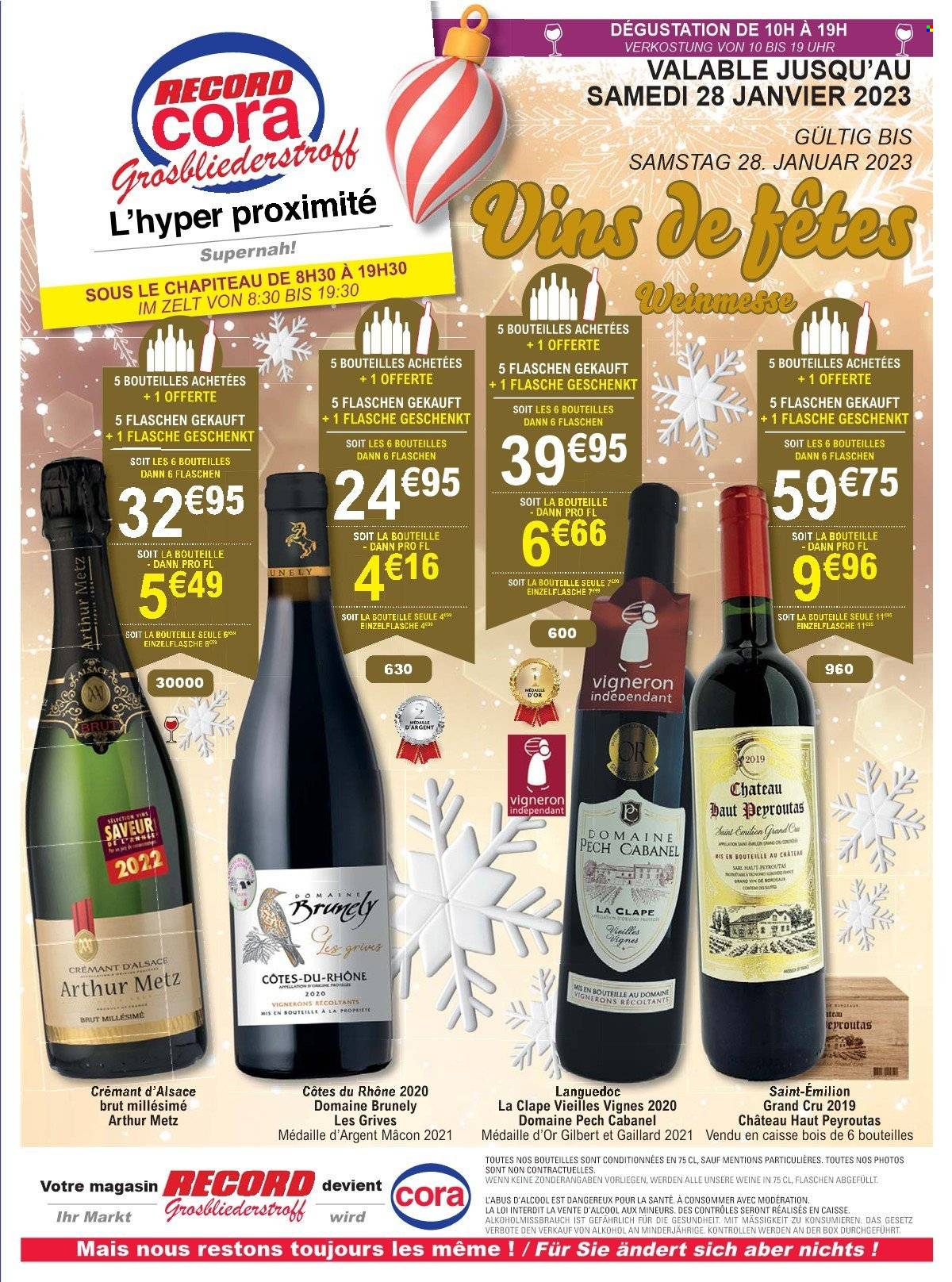 thumbnail - Catalogue Cora - 01/12/2022 - 28/01/2023 - Produits soldés - Gilbert, Côtes du Rhône, Crémant d’Alsace, champagne, vin, sac. Page 1.