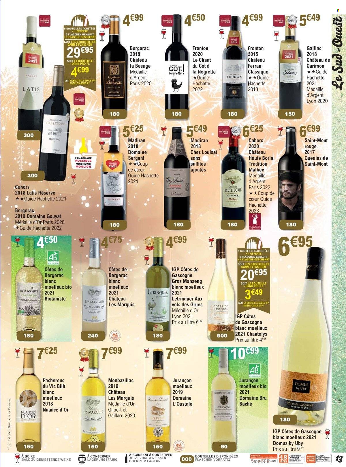 thumbnail - Catalogue Cora - 01/12/2022 - 28/01/2023 - Produits soldés - Gilbert, Côtes de Gascogne, vin blanc, vin rouge, Côtes de Bergerac, bâche. Page 13.