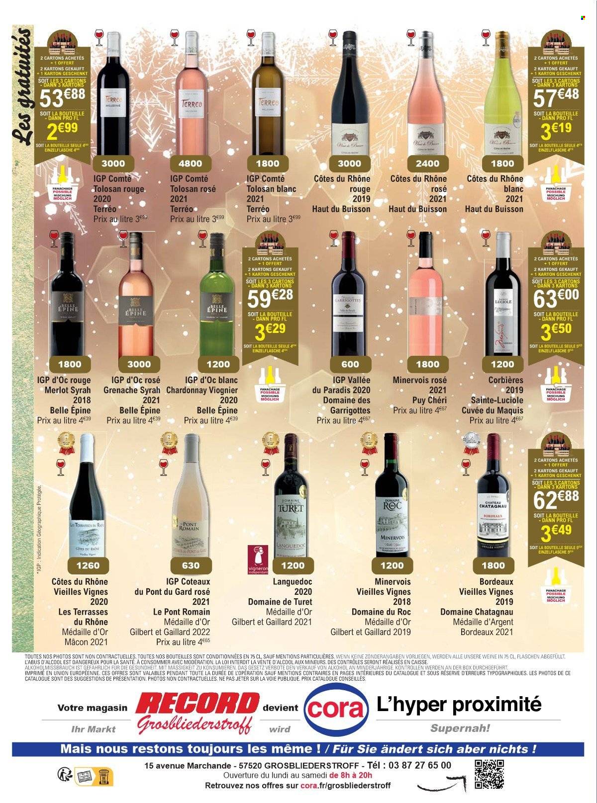thumbnail - Catalogue Cora - 01/12/2022 - 28/01/2023 - Produits soldés - Gilbert, Bordeaux, Corbières, Côtes du Rhône, vin rouge, vin, téléviseur. Page 20.