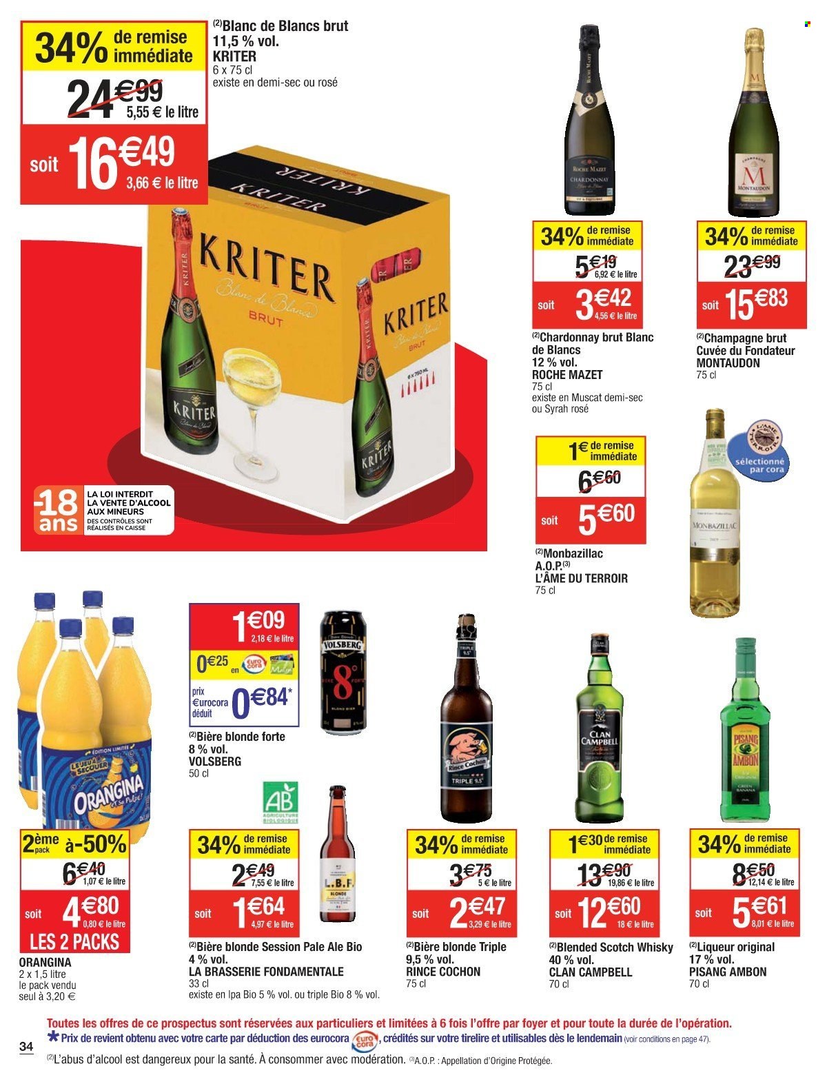 thumbnail - Catalogue Cora - 06/12/2022 - 17/12/2022 - Produits soldés - bière, bière blonde, Orangina, champagne, whisky, liqueur. Page 34.