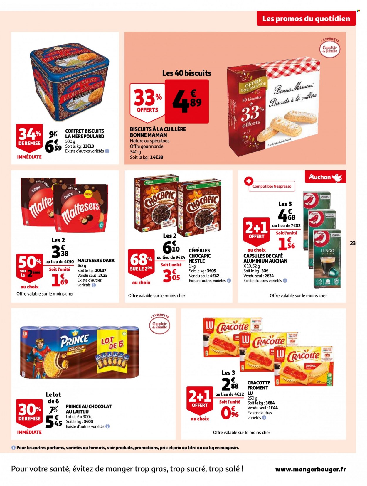 thumbnail - Catalogue Auchan - 07/12/2022 - 13/12/2022 - Produits soldés - Nestlé, biscuits, LU, céréales, Chocapic, café capsules, coffret, cuillère. Page 23.