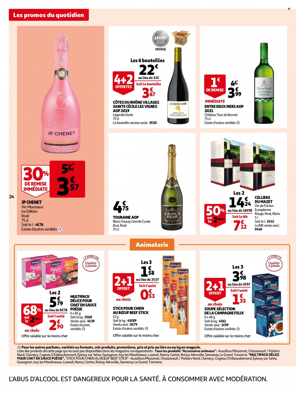 thumbnail - Catalogue Auchan - 07/12/2022 - 13/12/2022 - Produits soldés - Côtes du Rhône, vin rouge, vin, cognac, Vitakraft, Felix, bonnet. Page 24.