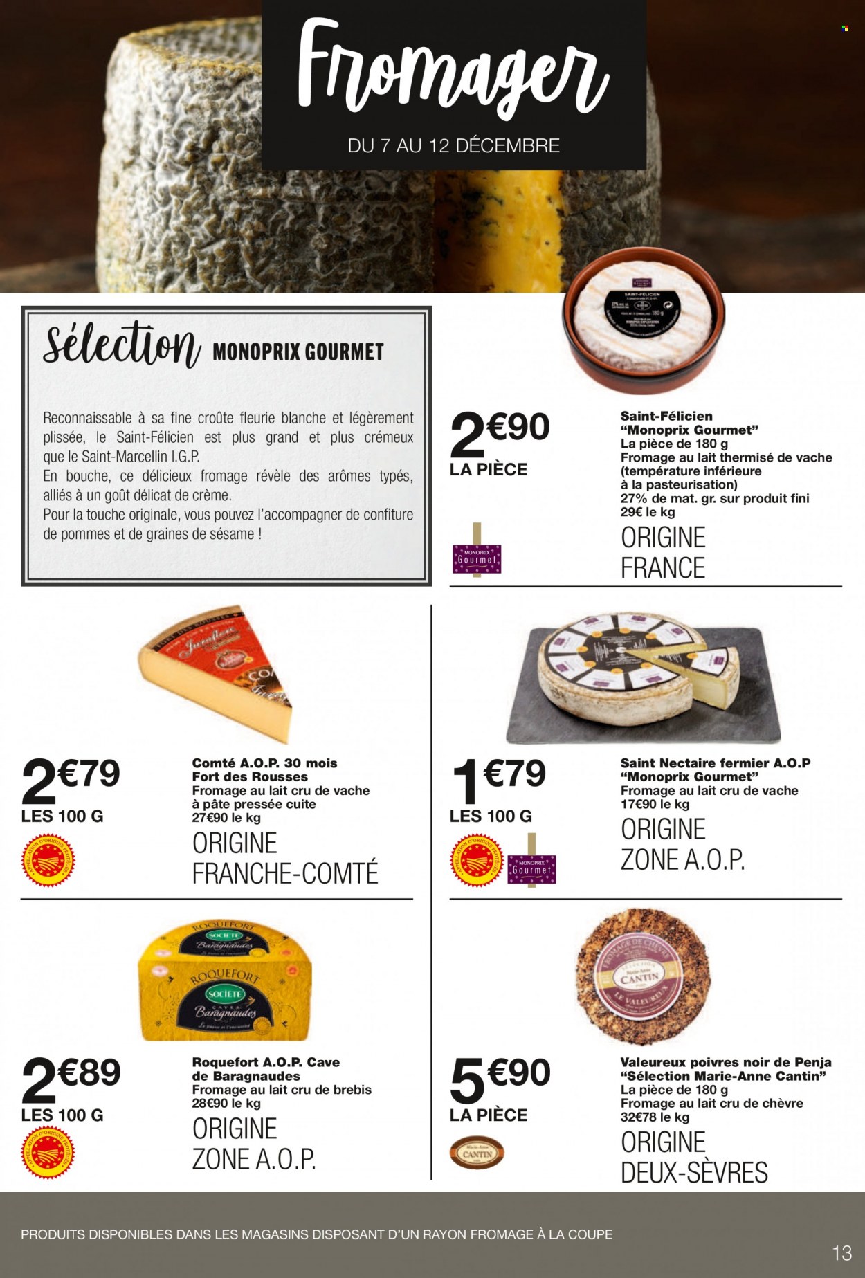thumbnail - Catalogue Monoprix - 07/12/2022 - 18/12/2022 - Produits soldés - Comté, fromage, Saint Marcellin, roquefort, Saint-Félicien. Page 13.
