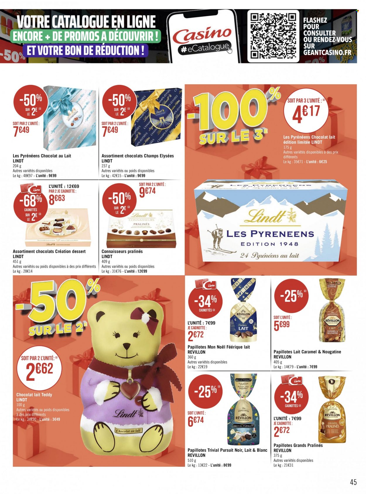 thumbnail - Catalogue Géant Casino - Produits soldés - jeu, chocolat, chocolat au lait, pralinés, Lindt, papillotes. Page 45.