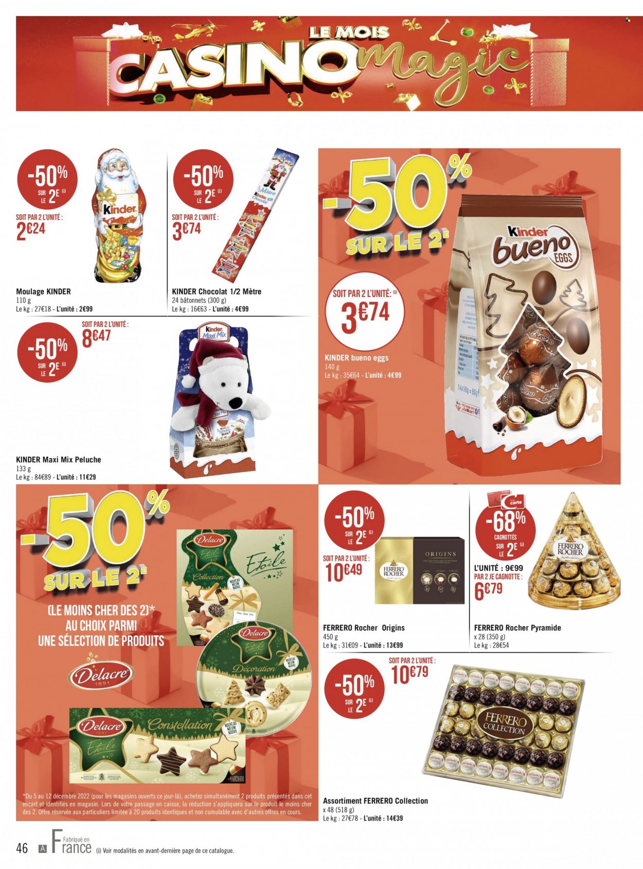 thumbnail - Catalogue Géant Casino - Produits soldés - Ferrero Rocher, chocolat, Kinder, Kinder Bueno, Kinder Maxi. Page 46.