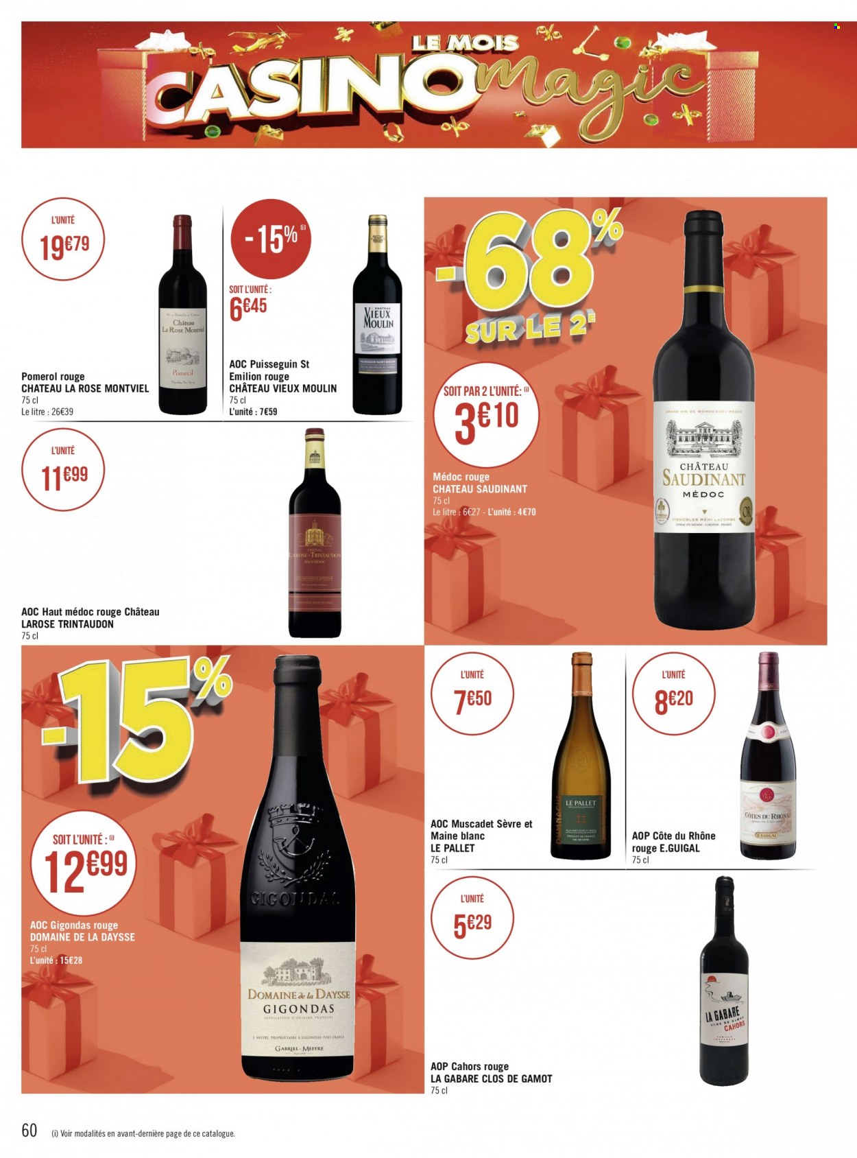 thumbnail - Catalogue Géant Casino - Produits soldés - Bordeaux, Côtes du Rhône, vin rouge, vin. Page 60.