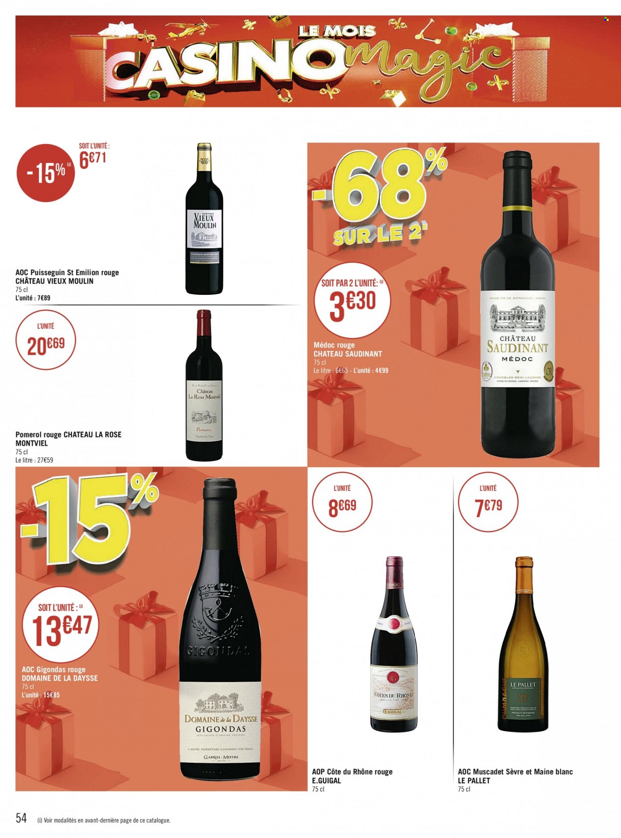 thumbnail - Catalogue Géant Casino - Produits soldés - Bordeaux, Côtes du Rhône, vin rouge, vin. Page 54.