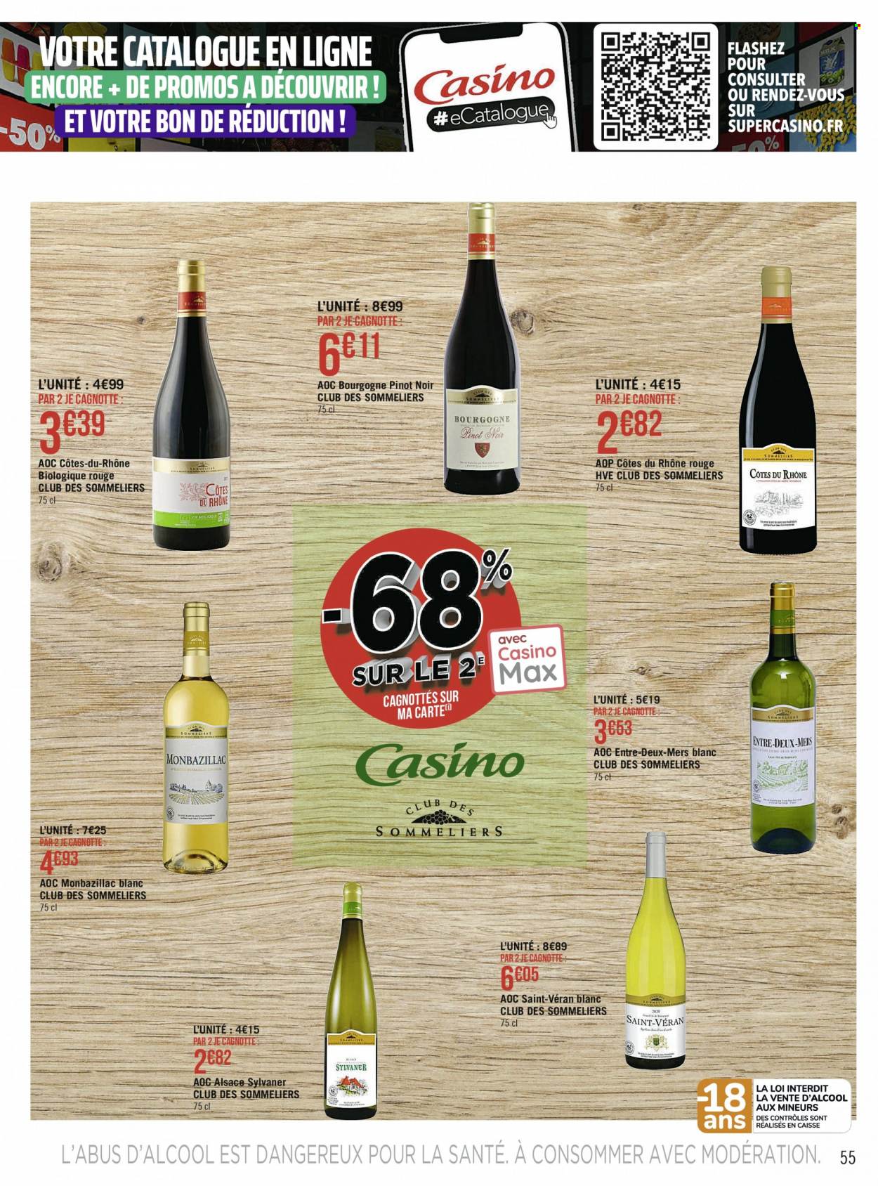 thumbnail - Catalogue Géant Casino - Produits soldés - Côtes du Rhône, vin blanc, vin. Page 55.