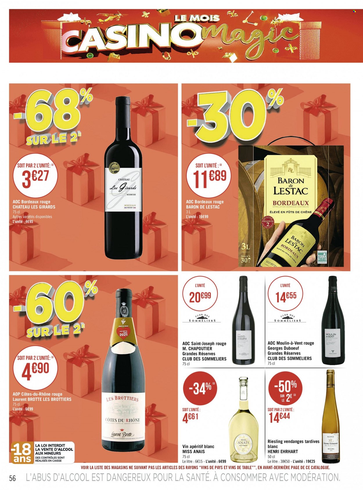 thumbnail - Catalogue Géant Casino - Produits soldés - Bordeaux, vin blanc, vin rouge, vin, Riesling, apéritif. Page 56.