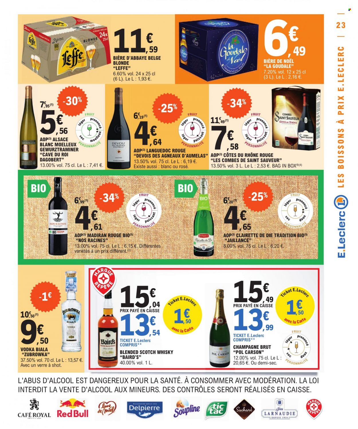 thumbnail - Catalogue E.Leclerc - 06/12/2022 - 17/12/2022 - Produits soldés - Leffe, bière, Goudale, café, Côtes du Rhône, champagne, vin blanc, vin, vodka, whisky, Soupline, verre. Page 23.