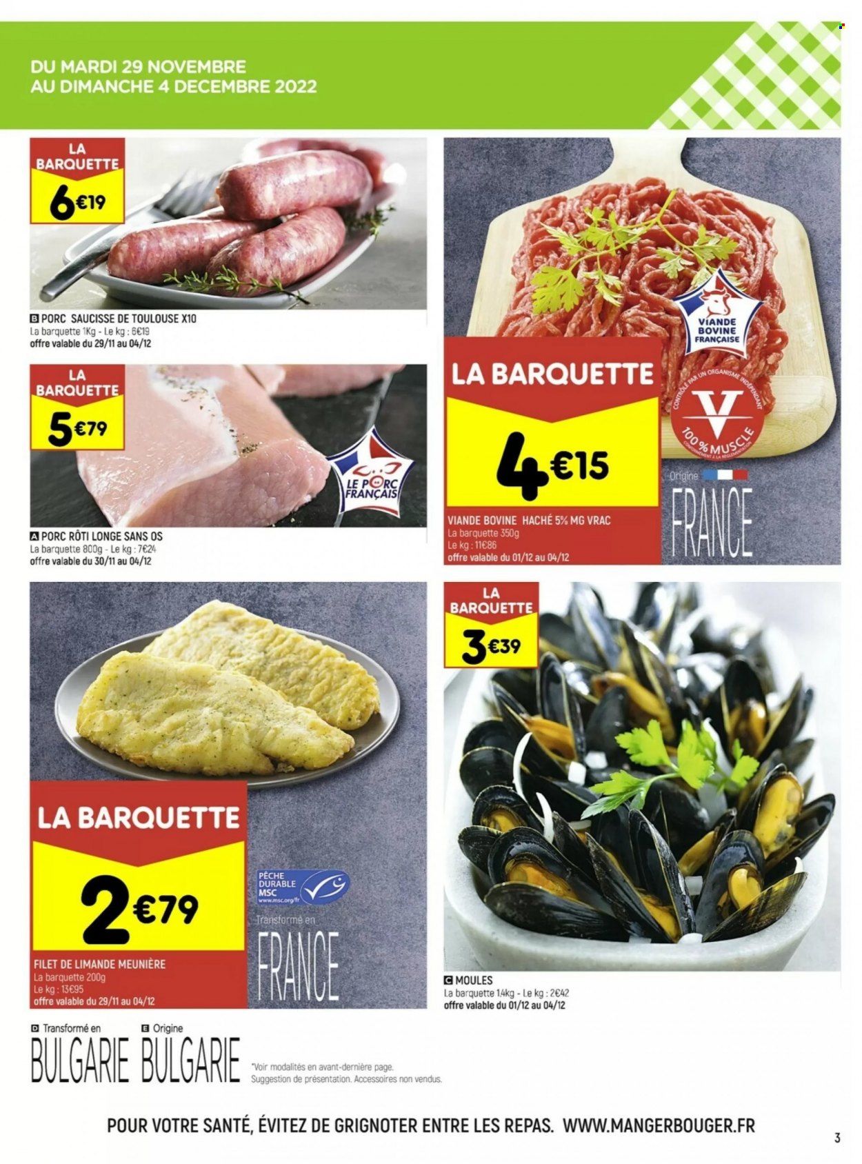 thumbnail - Catalogue Leader Price - 29/11/2022 - 11/12/2022 - Produits soldés - rôti de porc, viande de porc, longe de porc, limande, moules, saucisse. Page 3.