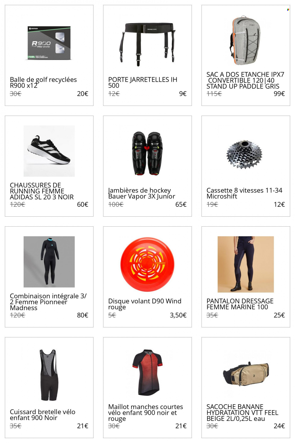 thumbnail - Catalogue Decathlon - Produits soldés - Adidas, VTT Rockrider, vélo, pantalon, maillot, sacoche, sac à dos, ballon, disque volant. Page 36.