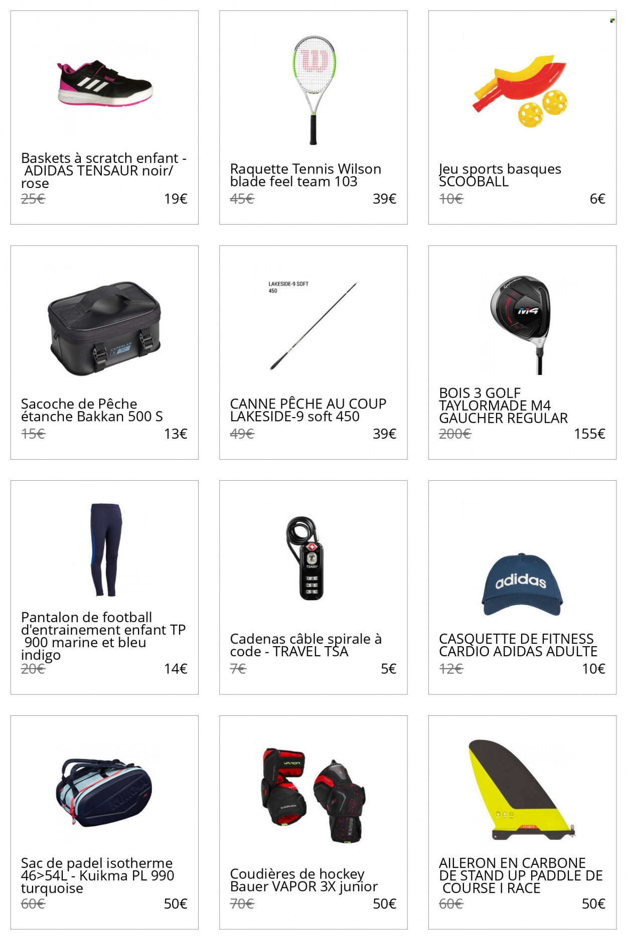 thumbnail - Catalogue Decathlon - Produits soldés - Adidas, basket, Wilson, pantalon, casquette, sacoche, raquette. Page 39.