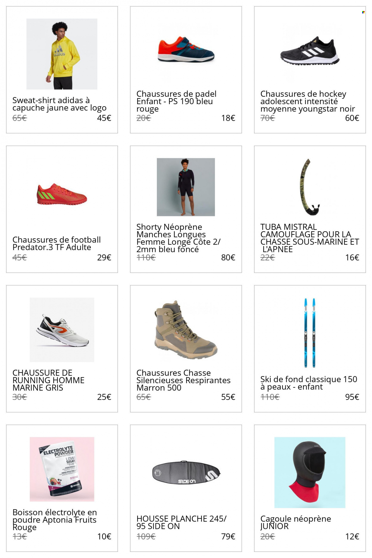 thumbnail - Catalogue Decathlon - Produits soldés - Adidas, chaussure, sweat-shirt, housse. Page 47.