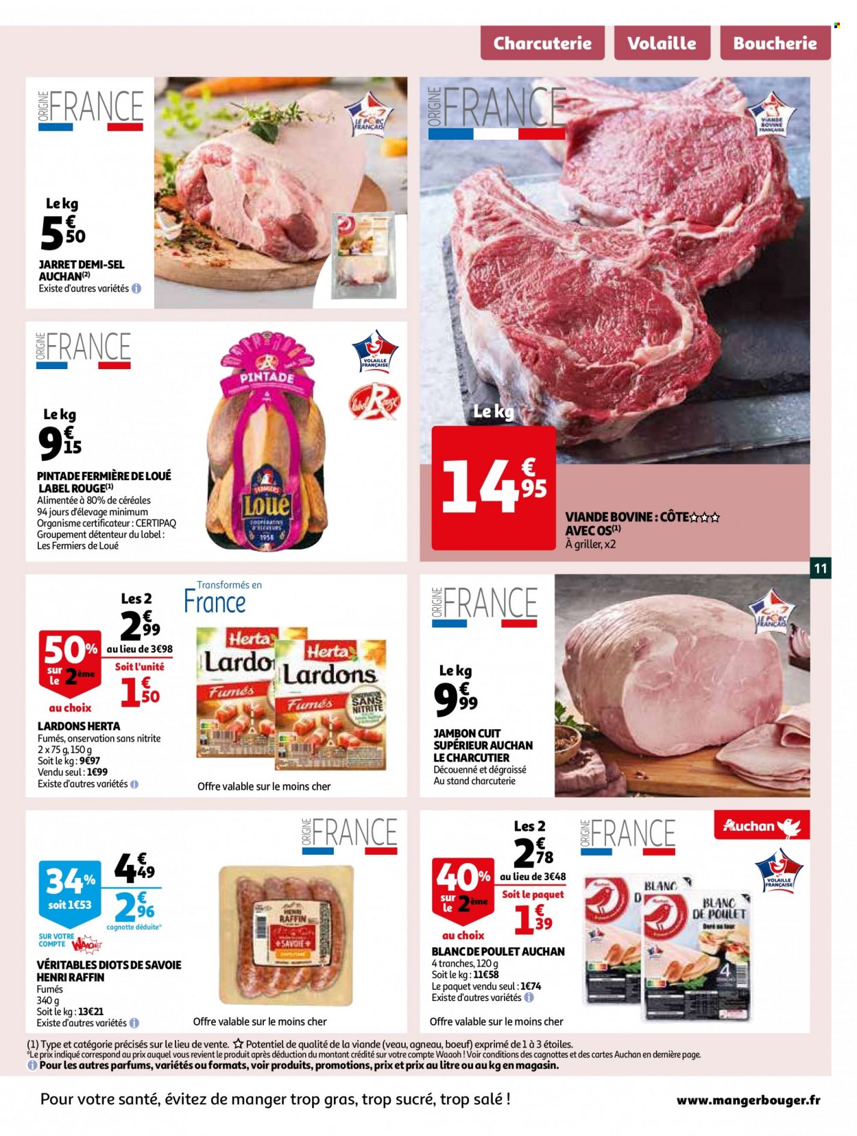 thumbnail - Catalogue Auchan - 10/01/2023 - 16/02/2023 - Produits soldés - pintade, viande de veau, Herta, jambon, blanc de poulet, lardons, Henri Raffin. Page 11.