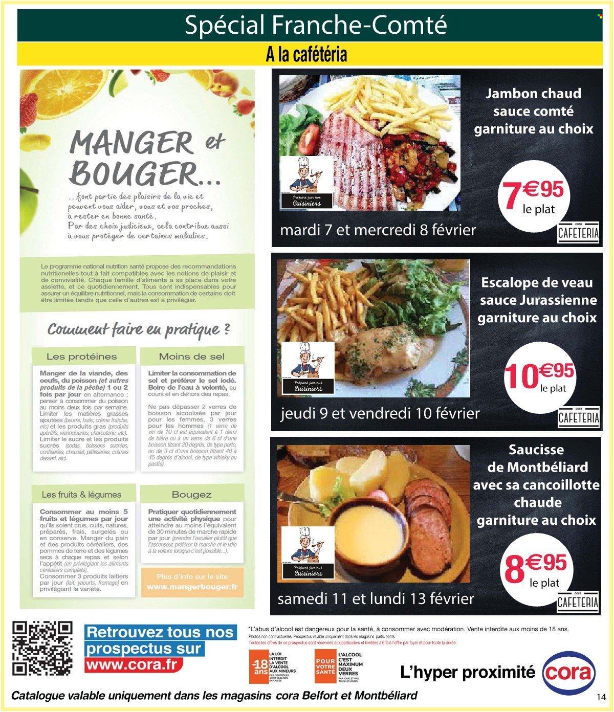 thumbnail - Catalogue Cora - 07/02/2023 - 13/02/2023 - Produits soldés - escalope, pommes de terre, escalope de veau, jambon, saucisse, yaourt, crème fraîche, verre. Page 14.