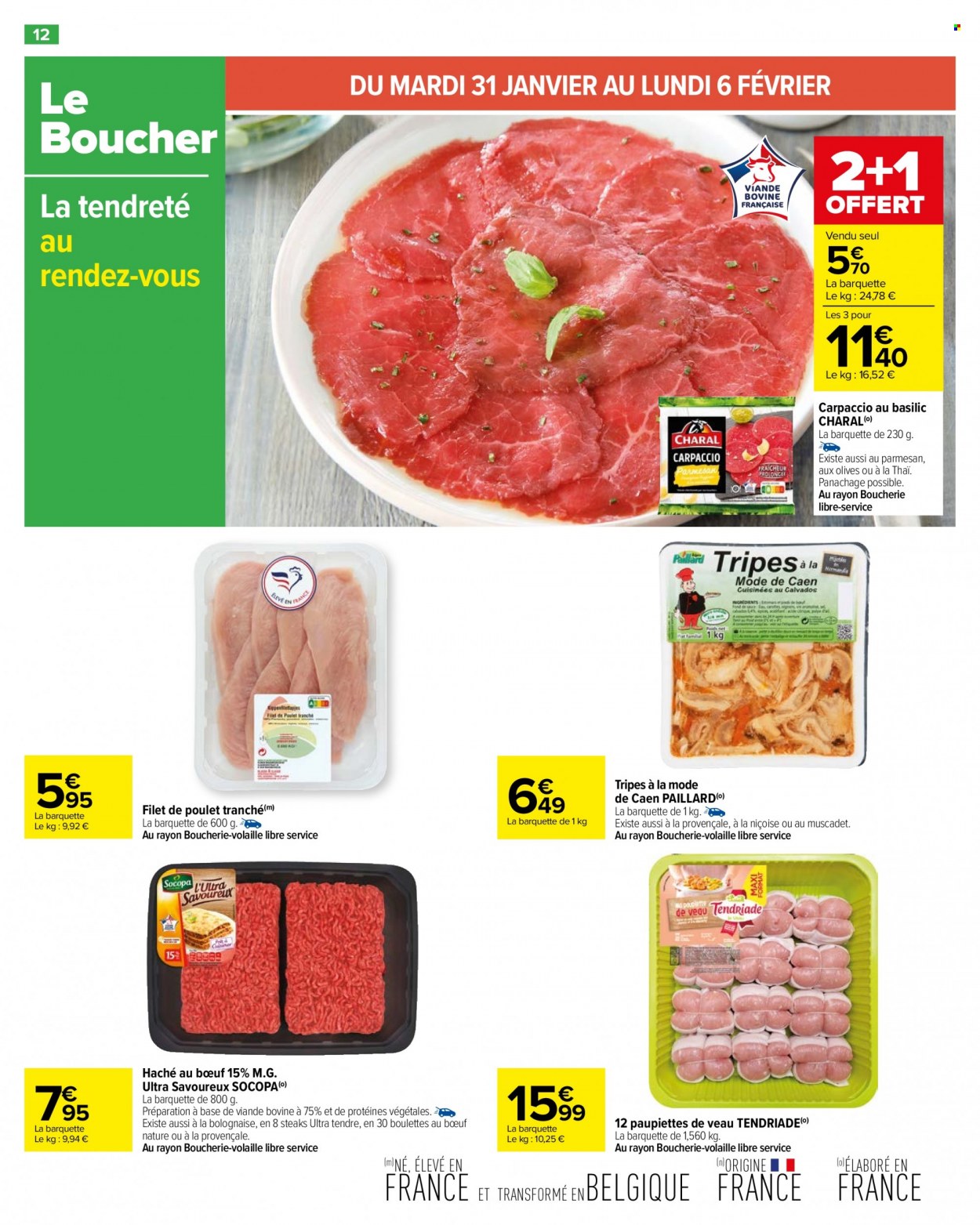 thumbnail - Catalogue Carrefour Hypermarchés - 31/01/2023 - 13/02/2023 - Produits soldés - steak, paupiette, filet de poulet, viande de poulet, carpaccio, boulettes de bœuf. Page 14.