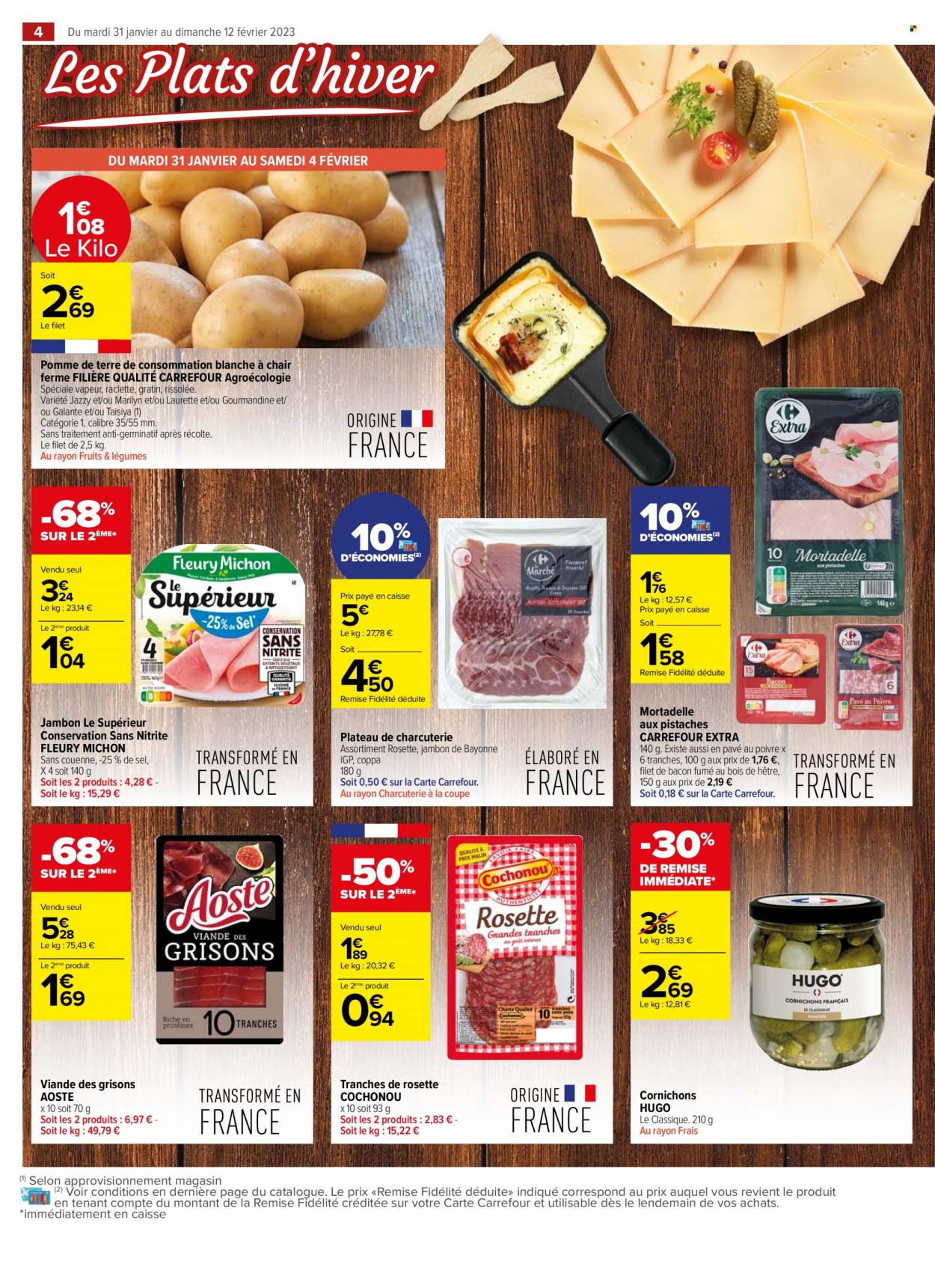 thumbnail - Catalogue Carrefour Contact - 31/01/2023 - 12/02/2023 - Produits soldés - pommes de terre, Fleury Michon, jambon, filet de bacon, coppa, rosette, mortadella, bacon, Aoste, Cochonou, cornichons. Page 4.