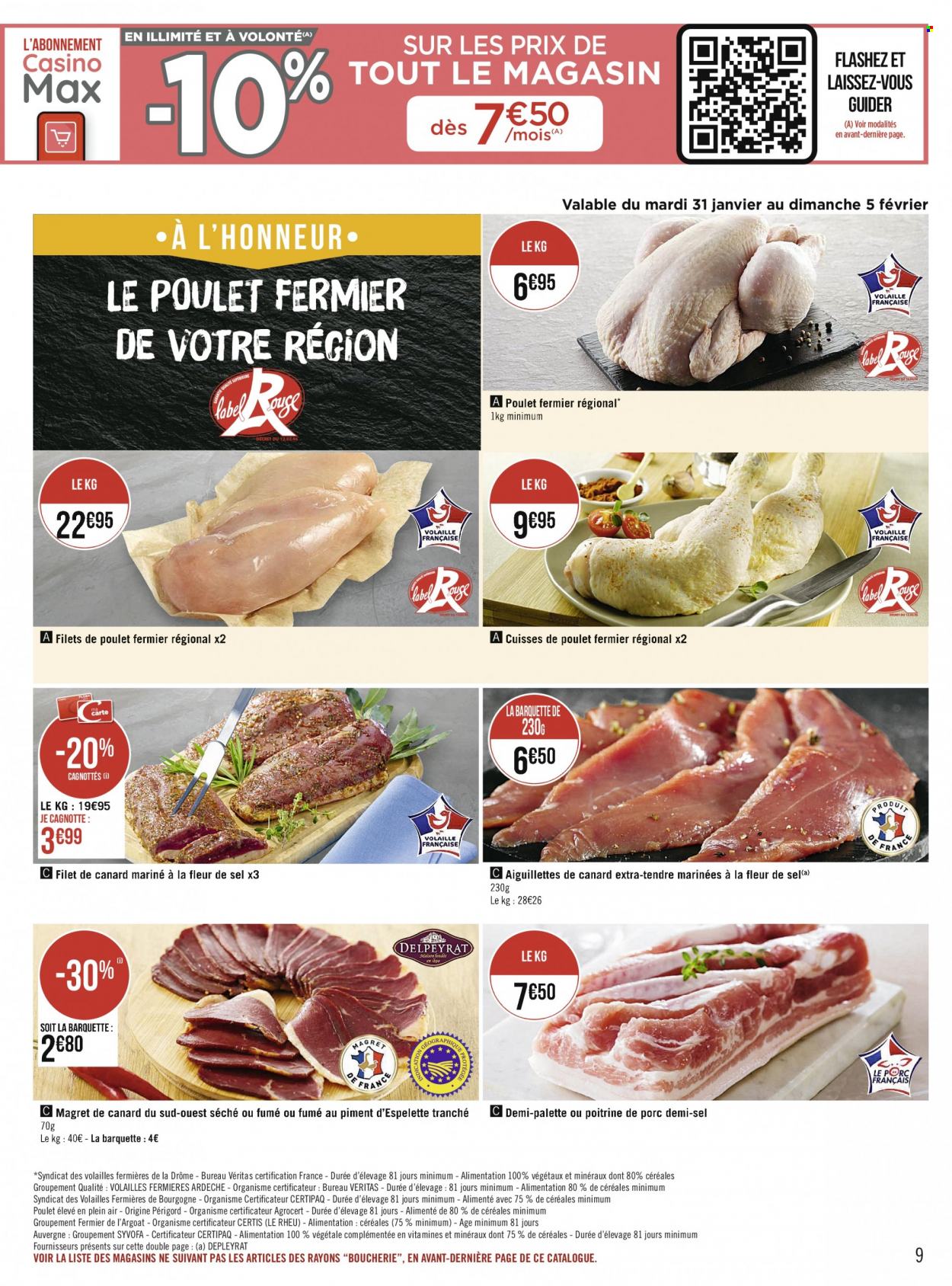 thumbnail - Catalogue Casino Supermarchés - 30/01/2023 - 12/02/2023 - Produits soldés - poitrine de porc, viande de porc, filet de poulet, magret de canard, aiguillettes de canard, cuisses de poulet, viande de poulet, filet de canard. Page 9.