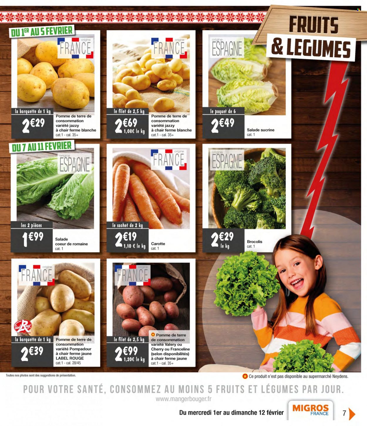 thumbnail - Catalogue Migros France - 01/02/2023 - 12/02/2023 - Produits soldés - salade, brocoli, carotte, pommes de terre. Page 7.