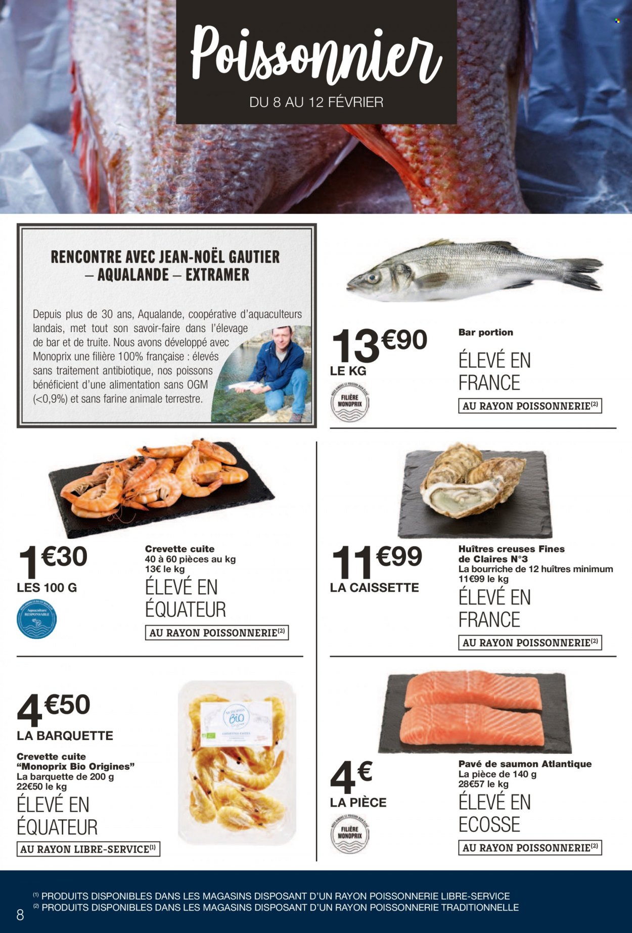 thumbnail - Catalogue Monoprix - 01/02/2023 - 12/02/2023 - Produits soldés - saumon, crevettes, huître, truite, farine, jeans, pavés. Page 8.