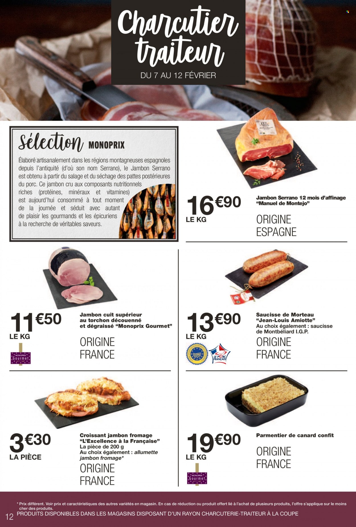 thumbnail - Catalogue Monoprix - 01/02/2023 - 12/02/2023 - Produits soldés - croissant, jambon sec, saucisse, fromage, jeans. Page 12.