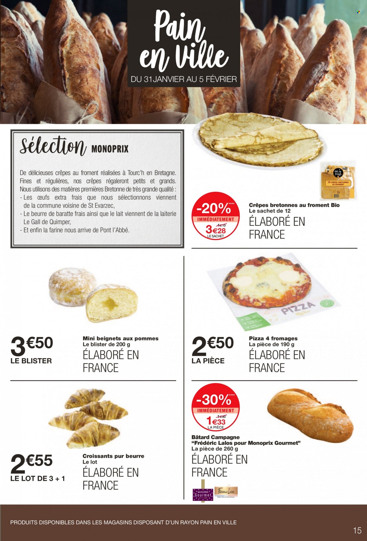 thumbnail - Catalogue Monoprix - 01/02/2023 - 12/02/2023 - Produits soldés - croissant, pain, beignets, crêpes, pizza. Page 15.