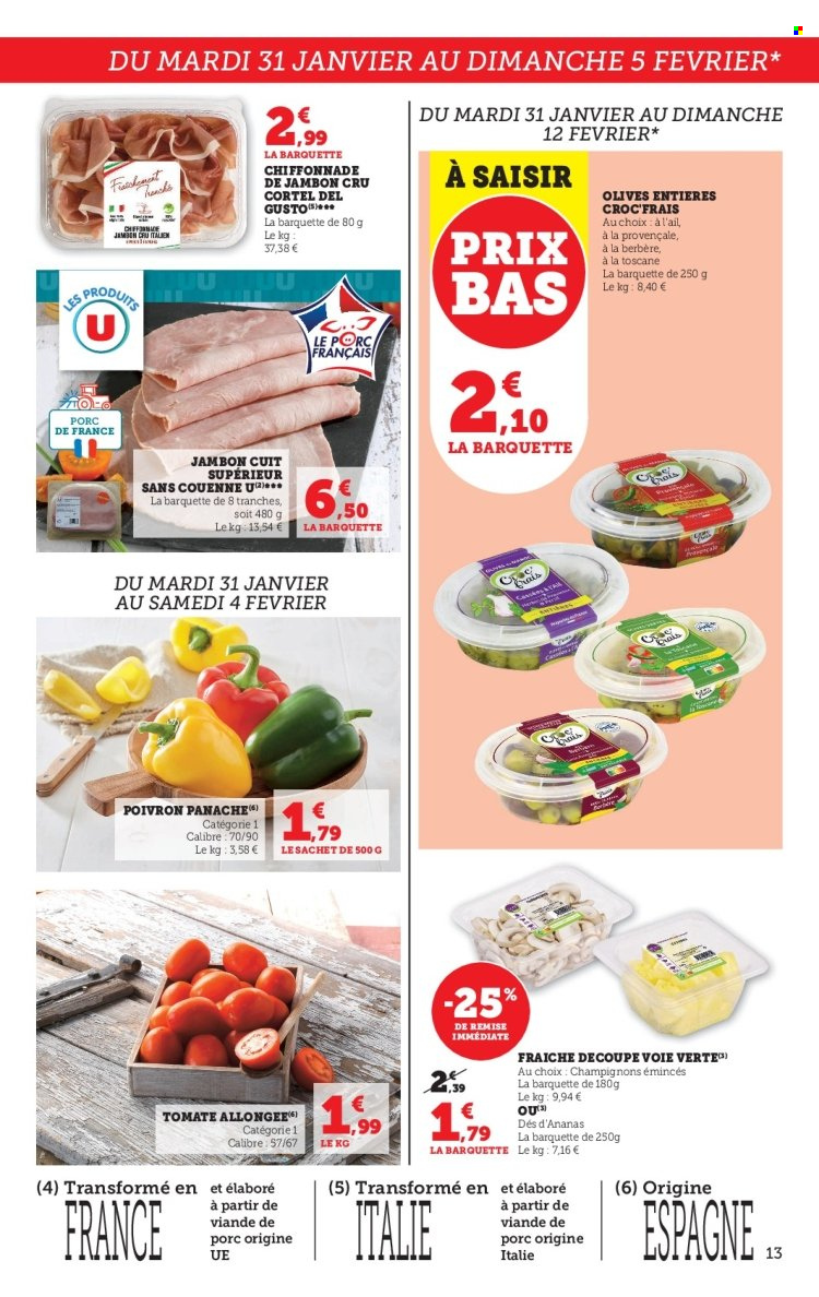 thumbnail - Catalogue SUPER U - 31/01/2023 - 12/02/2023 - Produits soldés - poivrons, champignon, jambon sec, olives. Page 13.