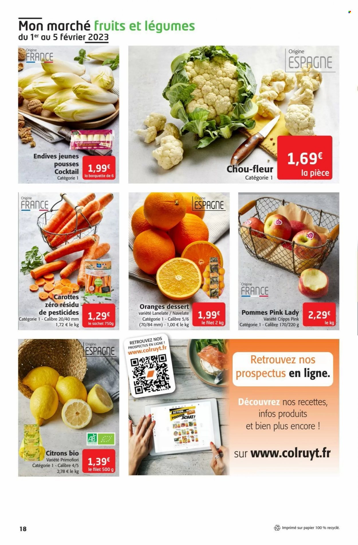 thumbnail - Catalogue Colruyt - 01/02/2023 - 12/02/2023 - Produits soldés - citron, oranges, carotte, endives, chou-fleur, jeune pousse, dessert, fleur. Page 18.