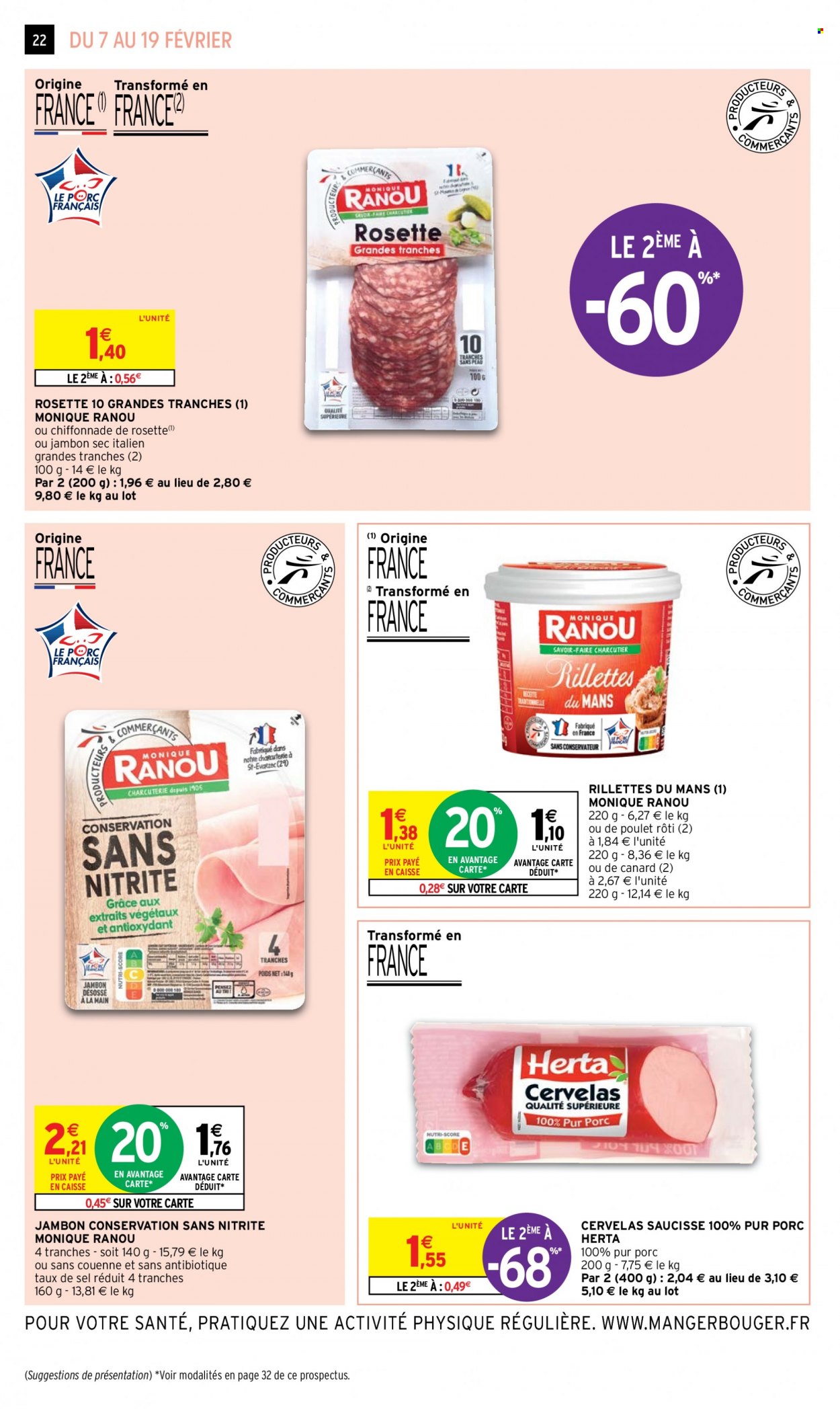 thumbnail - Catalogue Intermarché Super - 07/02/2023 - 19/02/2023 - Produits soldés - rillettes, poulet rôti, Herta, jambon sec, rosette, cervelas, saucisse. Page 22.