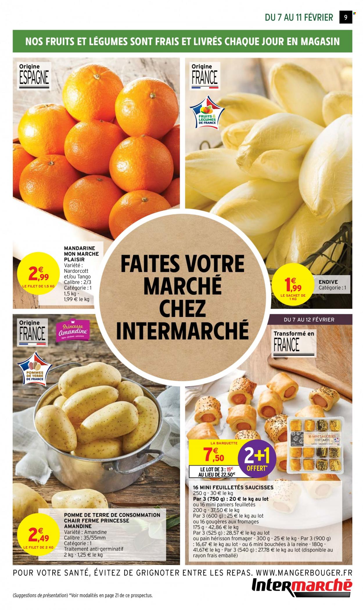 thumbnail - Catalogue Intermarché Contact - 07/02/2023 - 19/02/2023 - Produits soldés - mandarines, endives, pommes de terre, bouchées, gougères, paniers feuilletés, saucisse. Page 9.